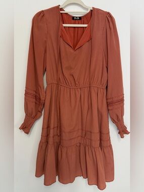 Miss Me Rust-Tone Long Sleeve Tiered V-Neck Dress